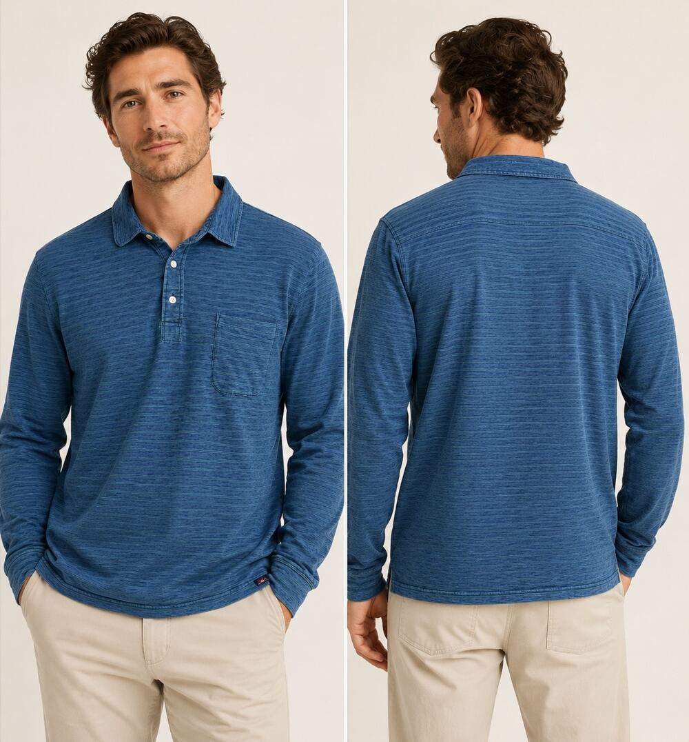 Faherty Indigo Dyed Stripe Long Sleeve Henley Polo Shirt Blue Green Size XL